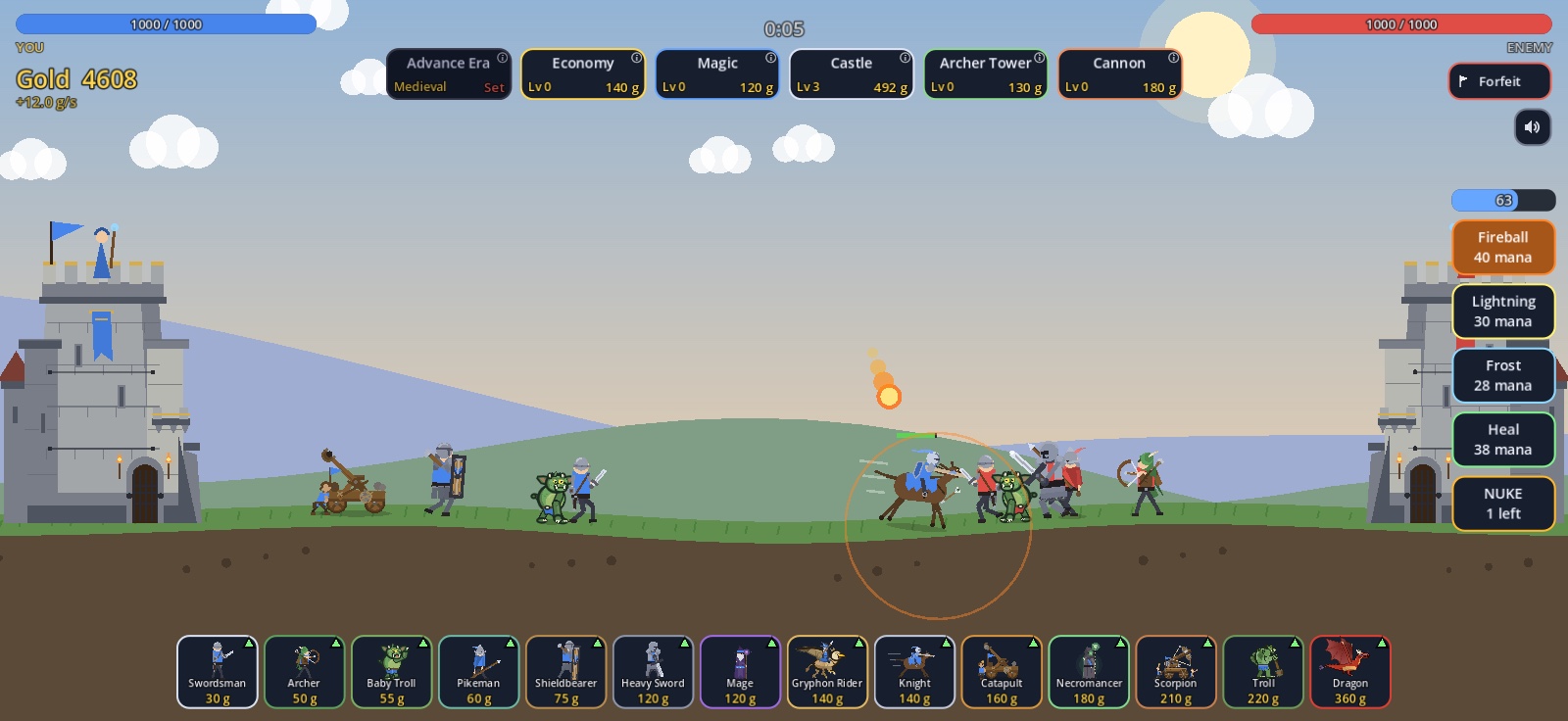 A Meadow battle: knights, archers and trolls clash between fortified castles as a fireball falls on the enemy line