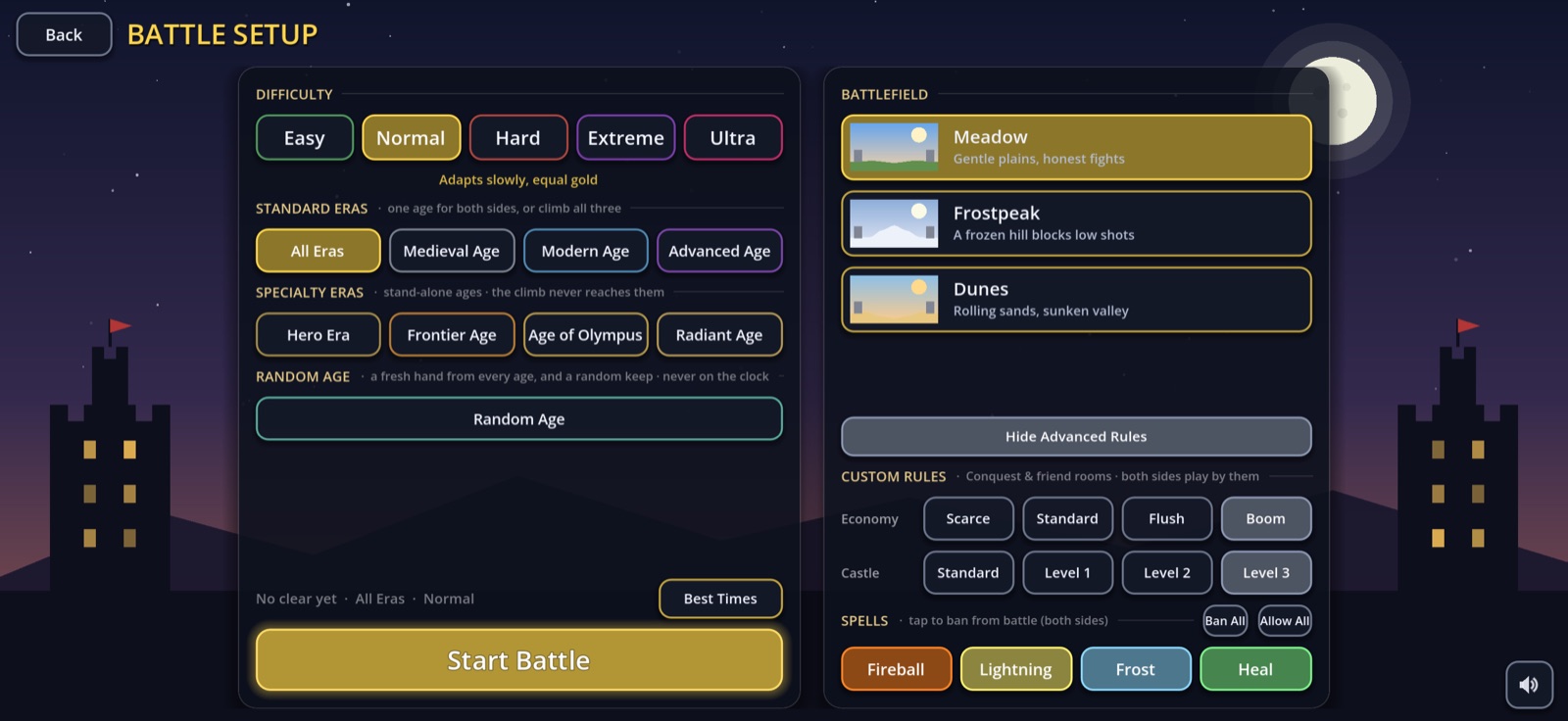 Battle setup screen with five difficulties, seven eras, three battlefields and custom rules