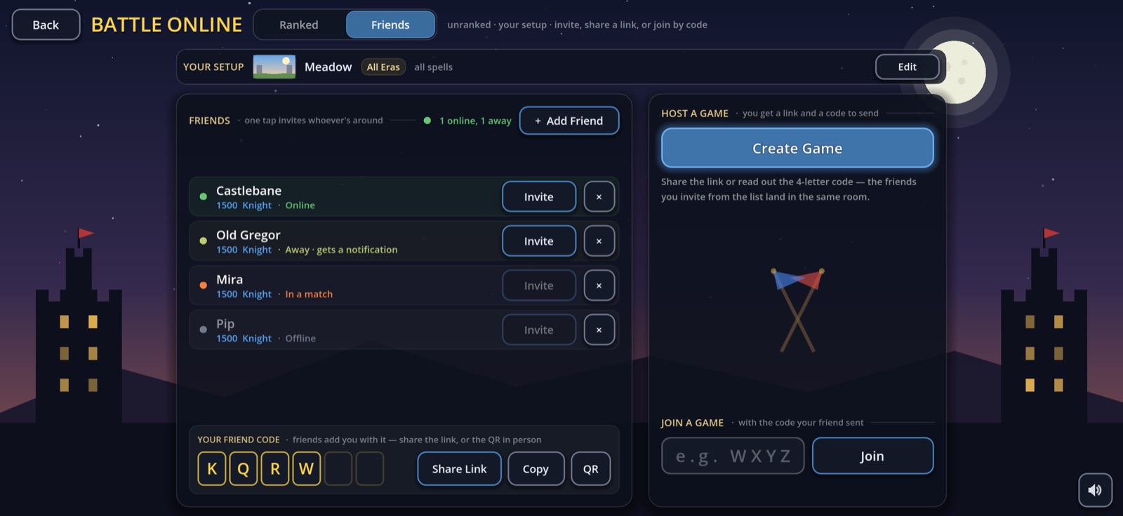The online hub's Friends tab: a friend code, a friends list with live presence, and host or join a game by code